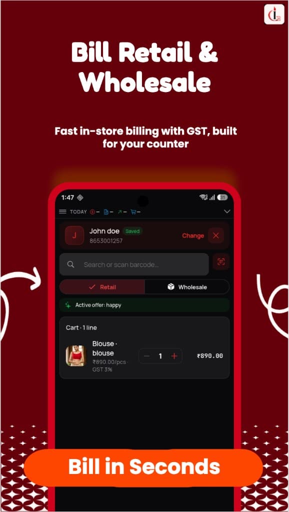 Counter billing screen with retail and wholesale modes and a GST cart line