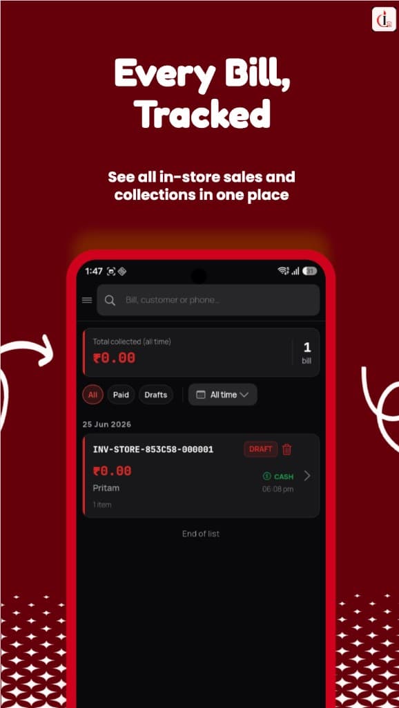 Counter collections screen listing offline-store sales and payment modes