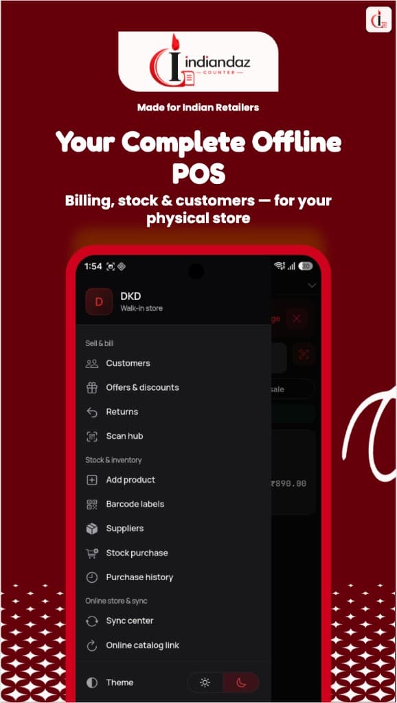 Counter app menu showing billing, stock, customers and sync