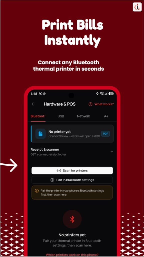 Counter hardware screen for connecting a Bluetooth thermal printer