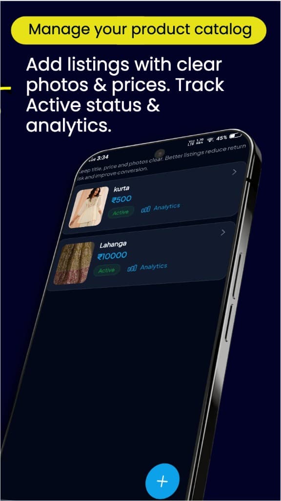 Partner app product catalog with photos, prices and Active status