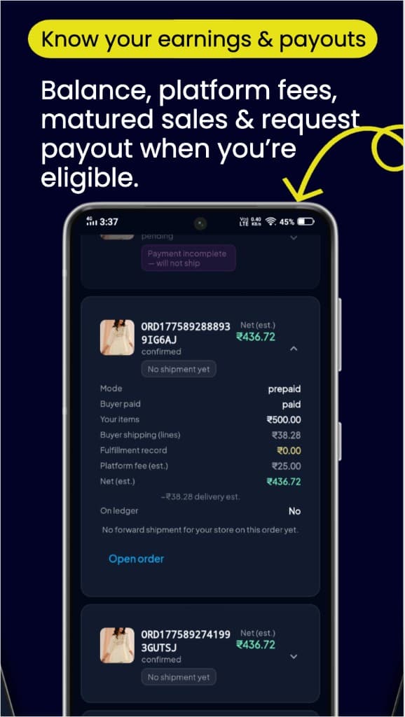 Partner app earnings breakdown with platform fees and net payout