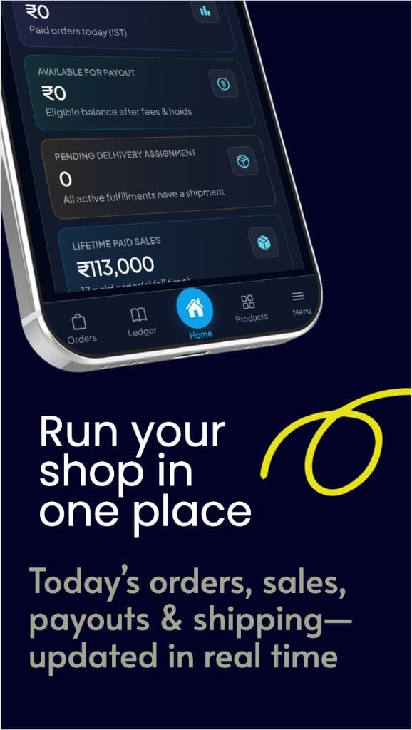 Partner app home dashboard with orders, payouts and lifetime sales