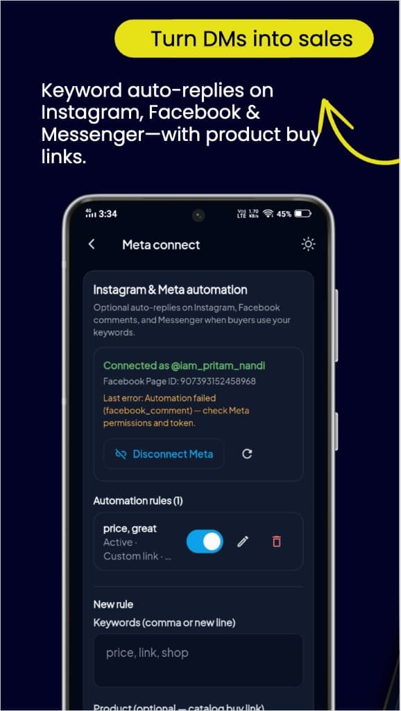 Partner app Meta connect screen for Instagram and Facebook auto-replies
