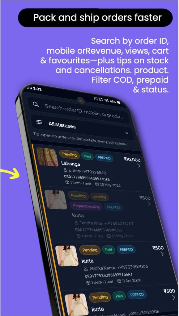 Partner app order list with search, COD and prepaid filters